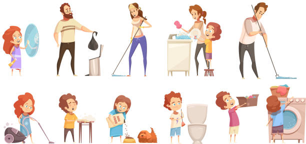 Kids helping parents with household chores retro cartoon icons banners set with washing dishes isolated vector illustration