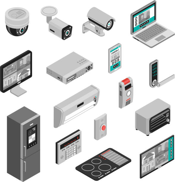 изометрический умный домашний набор - computer icon home interior residential structure appliance stock illustrations
