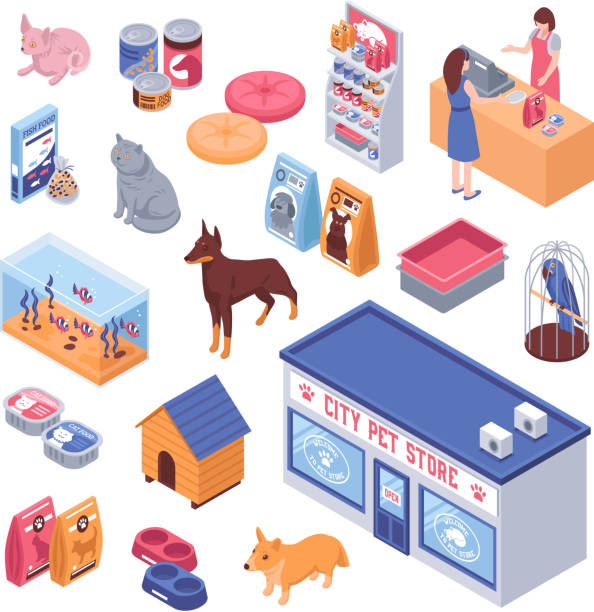 izometryczny zestaw do sklepu zoologicznego - domestic cat animals feeding pet food food stock illustrations