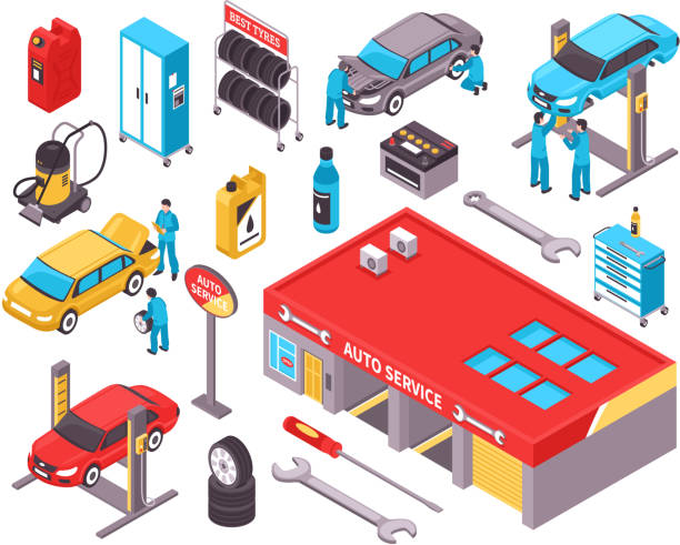 ilustrações de stock, clip art, desenhos animados e ícones de isometric auto service set - expendable