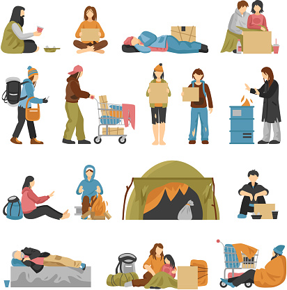 Homeless male and female people with kids begging money set isolated on white background flat vector illustration