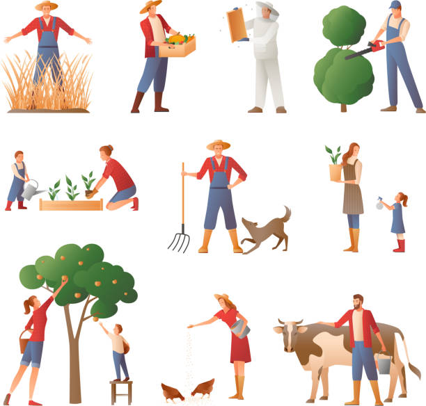 ilustrações, clipart, desenhos animados e ícones de agricultor jardineiro gradiente pessoas plana - produtor rural