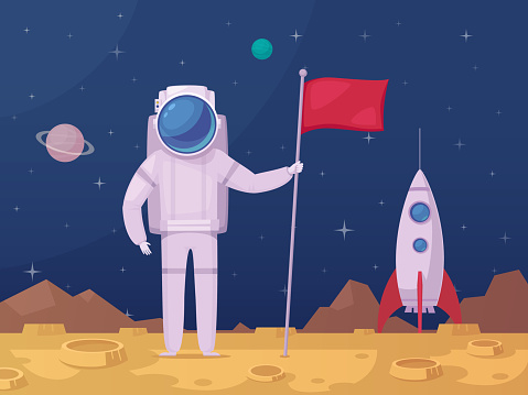 Astronaut with flag after moon landing on lunar surface with spacecraft on background cartoon poster vector illustration