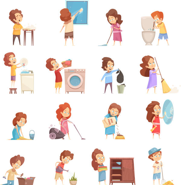 kids cleaning set Kids cleaning retro cartoon icons set with children vacuum sweeping washing dishes feeding pets isolated vector illustration kids bathroom counter stock illustrations