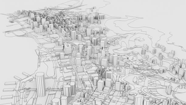3D white city model. Outline 3D illustration