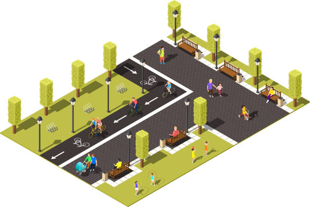 ilustrações de stock, clip art, desenhos animados e ícones de bicycle isometric composition - street furniture traffic lighting equipment urban scene