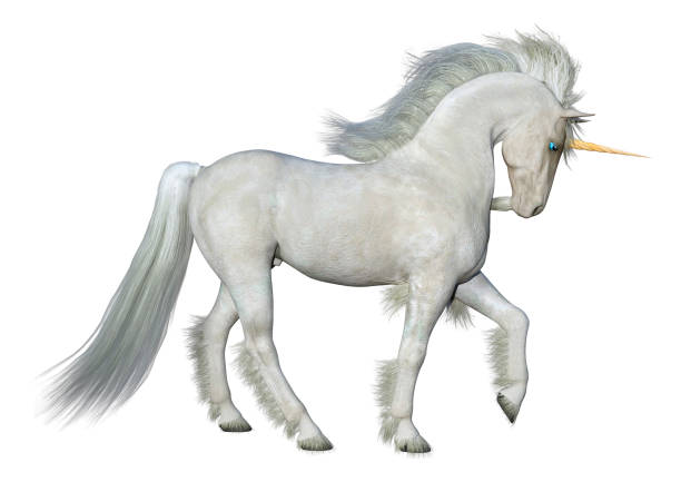 istock 3D illustration fantasy white unicorn on white 1201189258