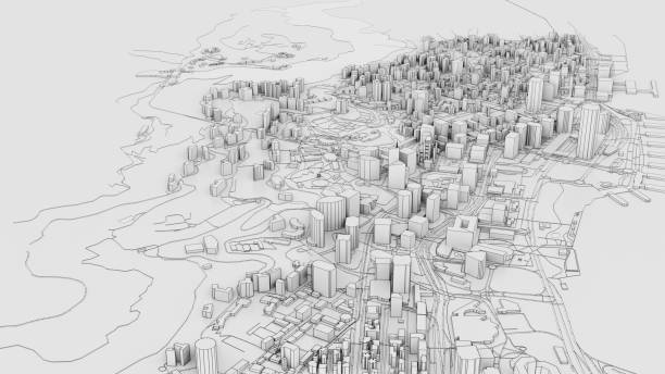 istock 3D white city model. Outline 3D illustration 1201189355
