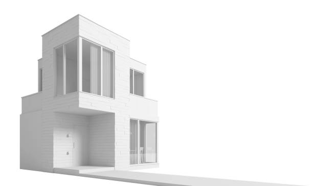 istock View exterior layout of a modern small house C facade trim of rectangular boards on a light background. 3D illustration 1201189366