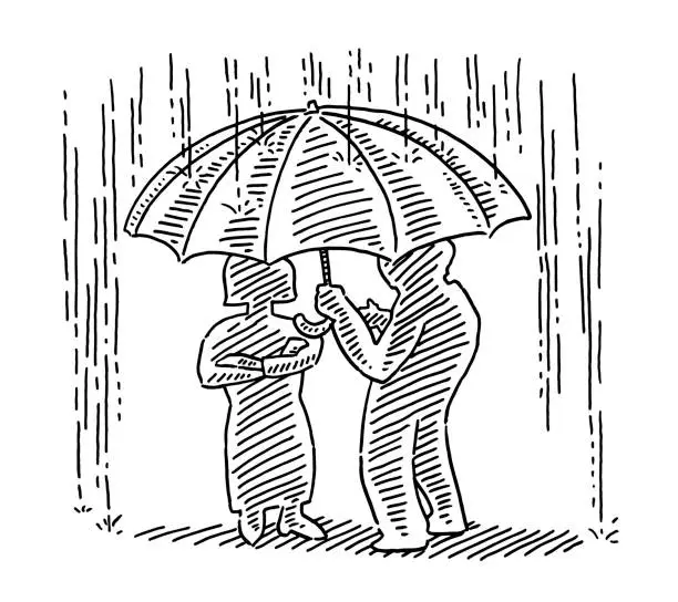 Vector illustration of Two People Under An Umbrella In The Rain Drawing