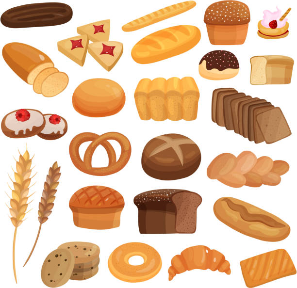 illustrations, cliparts, dessins animés et icônes de ensemble de boulangerie - bagel bread isolated baked
