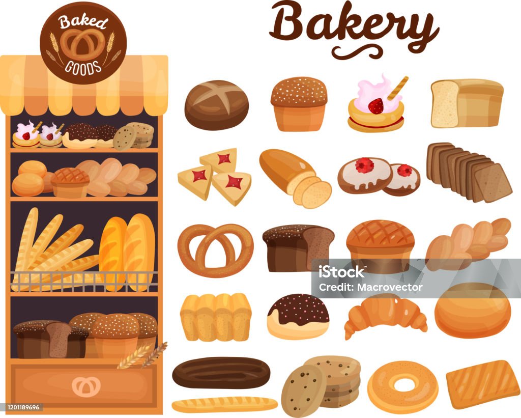 bread products bakery set Set of bakery products on wooden shelves including bread, pie, cookies, buns, bagel, pretzel isolated vector illustration Shelf stock vector
