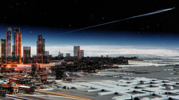 istock Futuristic city against the atmospheric starry sky 1201190320