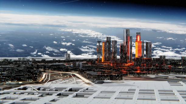 istock Futuristic city against the atmospheric starry sky 1201190384