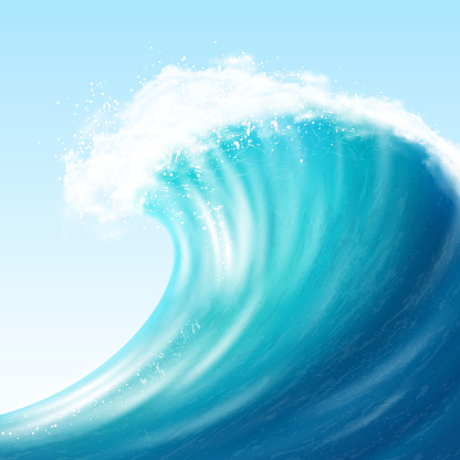 Realistic sea big wave with white foam on crest and splashes on blue background vector illustration