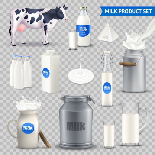 milk product transparent set Set of milk product in various containers with cow, dairy splash isolated on transparent background vector illustration glass of milk transparent background stock illustrations