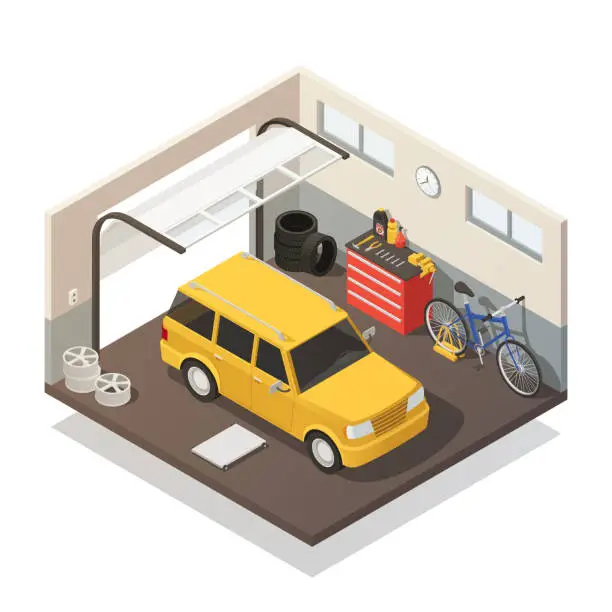 Vector illustration of car garage isometric interior