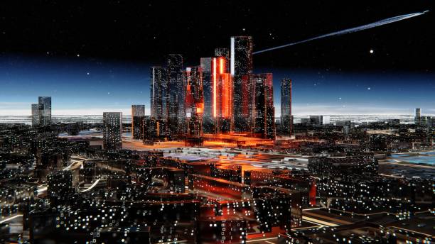 istock Futuristic city against the atmospheric starry sky 1201190921