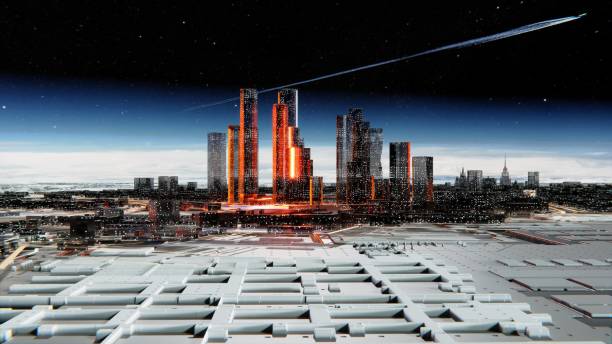 istock Futuristic city against the atmospheric starry sky 1201190985