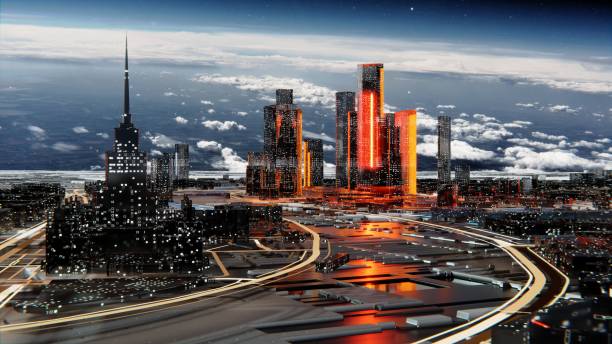 istock Futuristic city against the atmospheric starry sky 1201191052