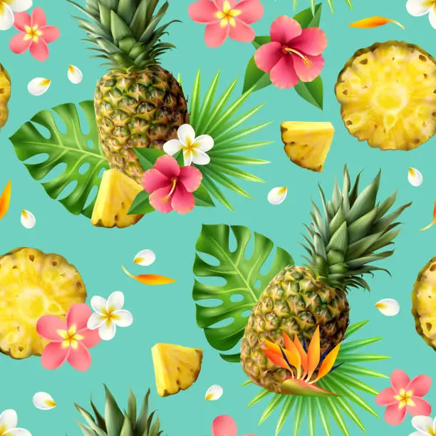 Vector illustration of realistic pineapple seamless pattern