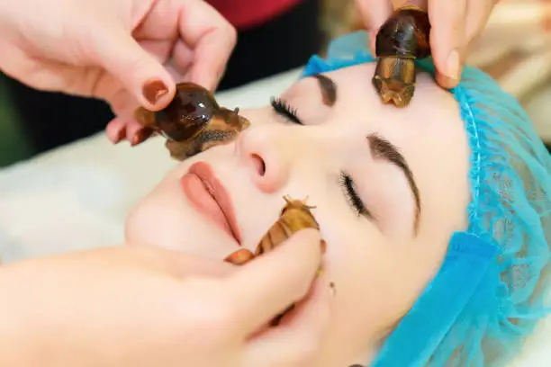 A young girl rejuvenate the skin with the help of big African snails Achatina. Unusual massage and facial cleansing.