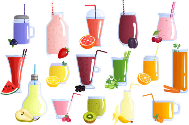 smoothie set Appetizing healthy colorful fruit smoothies icons collection with banana watermelon orange blueberry kiwi and lemon isolated icons illustration smoothie stock illustrations