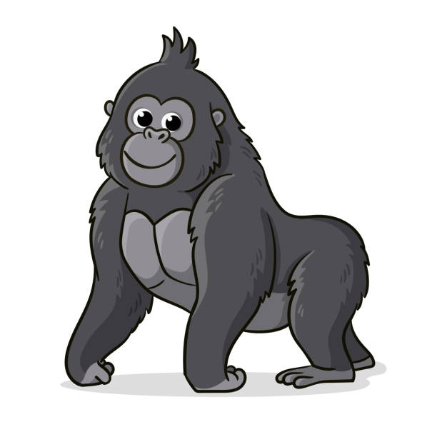 Le gorille gris mignon se tient sur un fond blanc. Illustration de vecteur avec un animal dans le modèle de dessin animé. - Illustration vectorielle