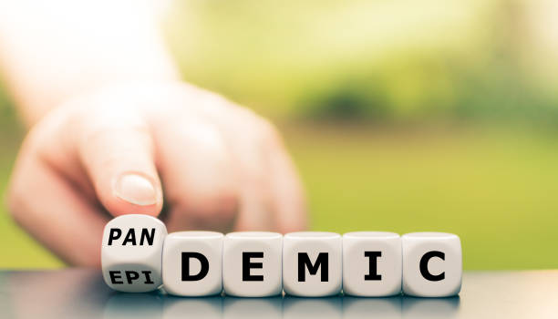 istock Hand turns a dice and changes the word epidemic to pandemic. 1201193806