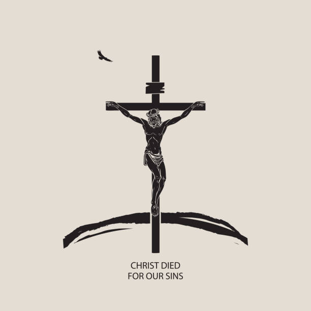 religious banner with crucified Jesus Christ on the cross Vector banner or icon on religious theme with crucified Jesus Christ on the hill, flying eagle and words Christ died for our sins on beige background. Vector illustration for Easter celebration what mountain was jesus crucified on stock illustrations