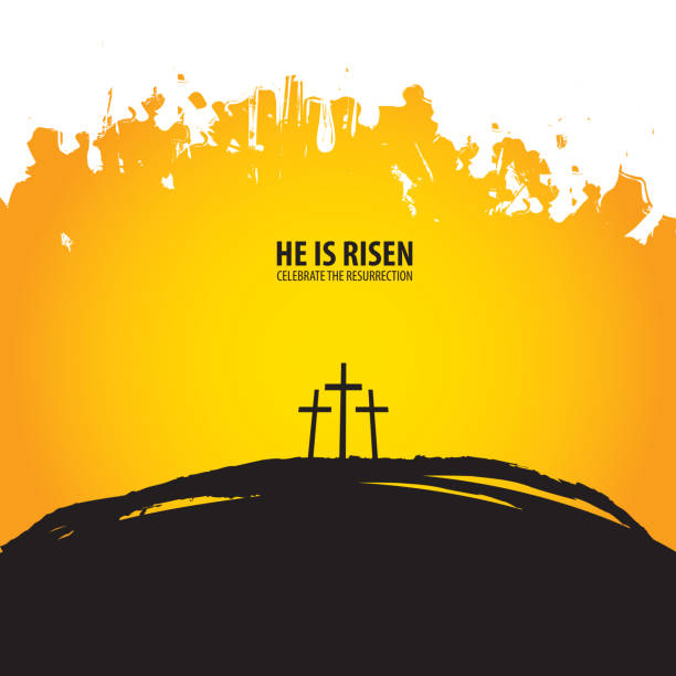 Religious banner with three crosses on the hill Vector illustration on the theme of Easter and Good friday. Religious banner with three crosses on Mount Calvary on abstract background with words He is risen, celebrate the resurrection easter silhouettes stock illustrations