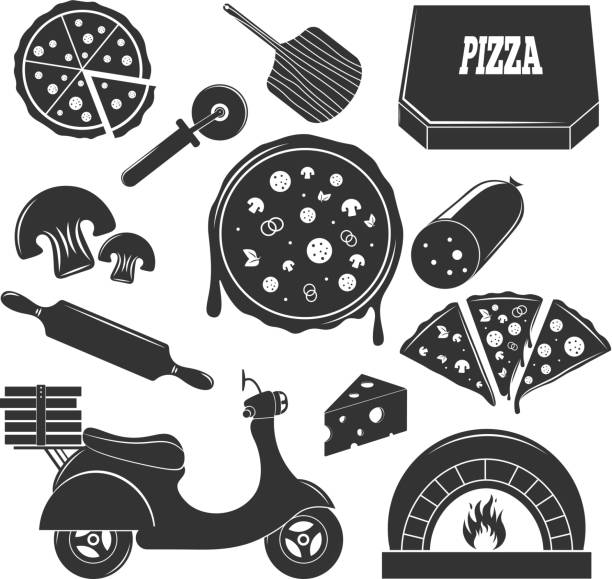 pizza vintage elements Pizza vintage elements set of flat isolated motorbike pizza slices with filler and flatware monochrome images vector illustration pizza topping stock illustrations