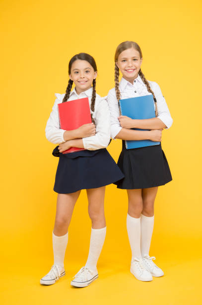 istock friendship. kids learning grammar. back to school. dictionary notebook. Get information. little girls in school uniform. cheerful classmates with workbook. reading story. childrens literature 1201194641