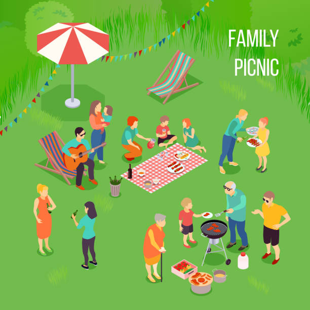 family picnic illustration Family picnic with kids and adults, grill equipment, food on blanket on green background isometric vector illustration barbecue meal illustrations stock illustrations