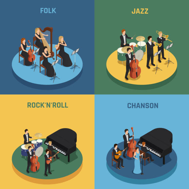 orchestra isometric people 2x2 Orchestra playing various music rock n roll chanson folk and jazz isometric 2x2 concept isolated on colorful backgrounds 3d vector illustration musical equipment stock illustrations