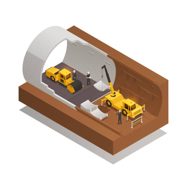 illustrations, cliparts, dessins animés et icônes de composition isométrique de forage de construction de tunnel - sous terre