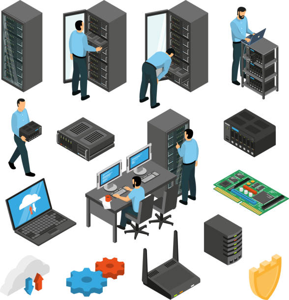 아이소메트릭 클라우드 데이터 센터 세트 - data center rack stock illustrations