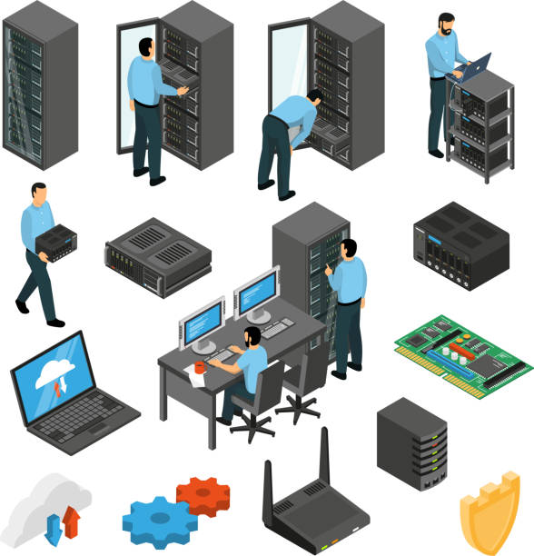 isometric cloud datacenter set Datacenter equipment isometric set with engineers collecting the server racks isolated vector illustration computer network hardware stock illustrations