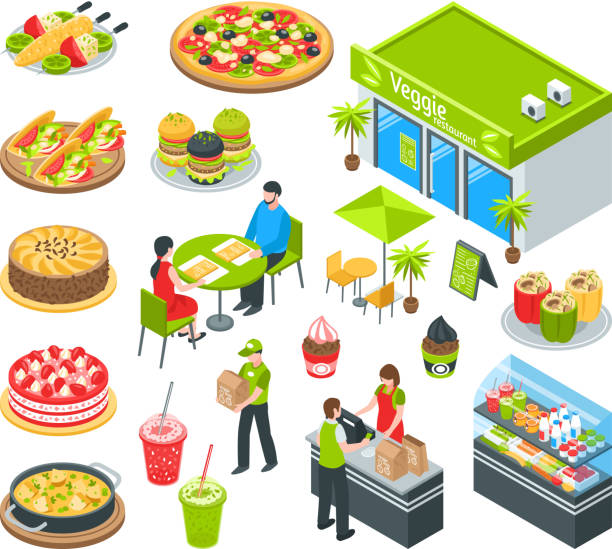 ilustrações de stock, clip art, desenhos animados e ícones de isometric vegetarian natural healthy food cafe raw diet set - guacamole food bar vegan food