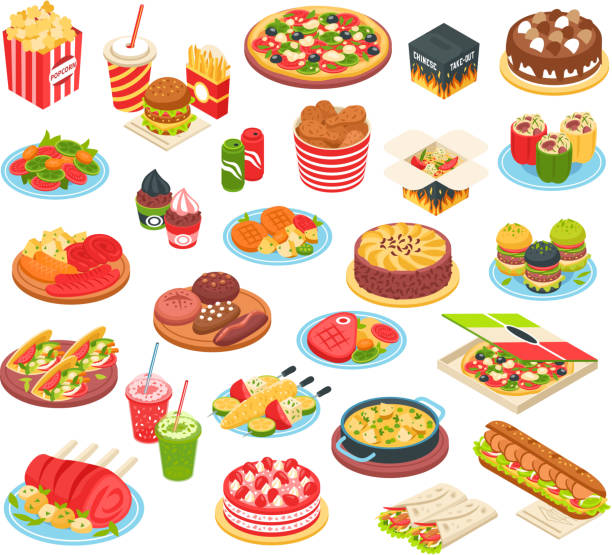 isometric food set Fast food isometric icons set with pizza grilled potato hamburger  hot dog cake and other meals of quick cooking isolated vector illustration meal illustrations stock illustrations