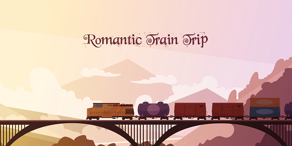 Romantic train trip flat vector illustration with railway train passing over bridge at mountain landscape background