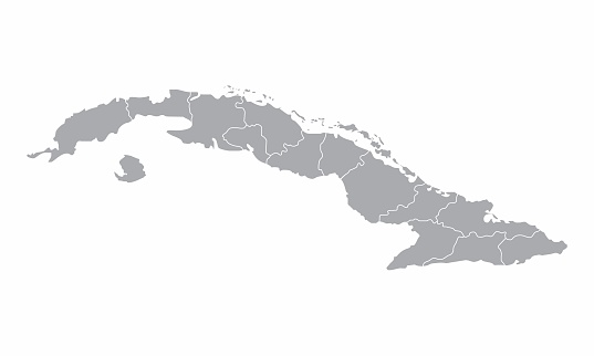 A gray map of Cuba divided into provinces