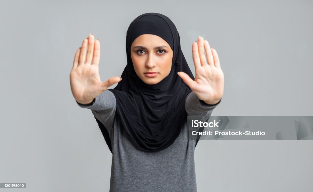 Concerned Muslim Girl Showing Stop Sign Gesture With Two Hands Stock 