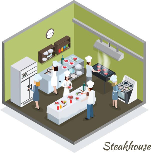 профессиональный интерьер кухни изометрический стейк-хаус - cooked fried backgrounds preparation stock illustrations