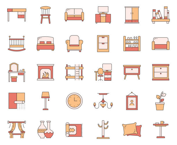 ilustrações, clipart, desenhos animados e ícones de jogo simples de ícones relacionados da linha do vetor da mobília. coleção de símbolos de esboço. - side table illustrations