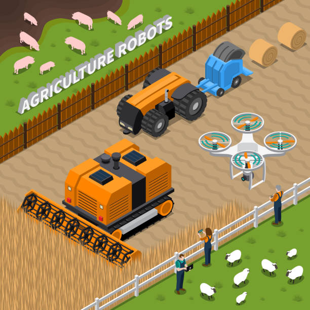 robot rolniczy nowoczesna technologia izometryczna skład - isometric combine harvester tractor farm stock illustrations