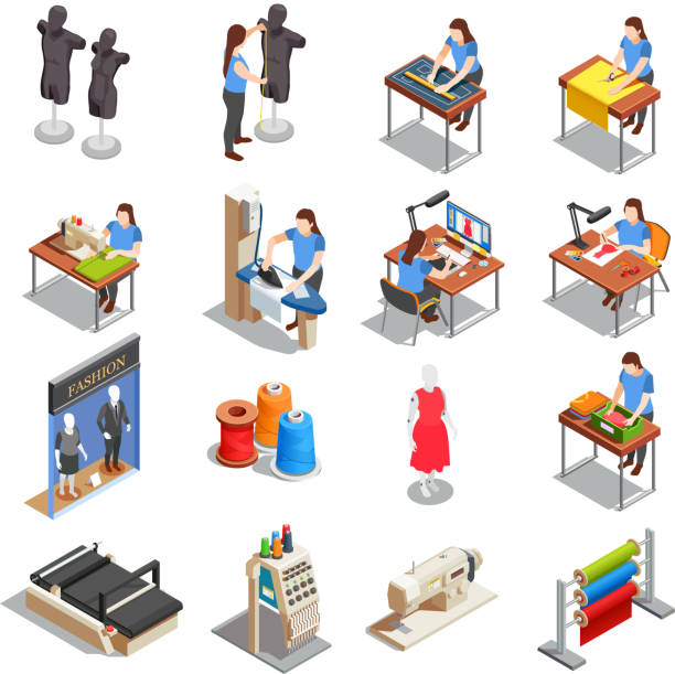 ilustrações de stock, clip art, desenhos animados e ícones de clothes factory sewing people isometric - garment factory