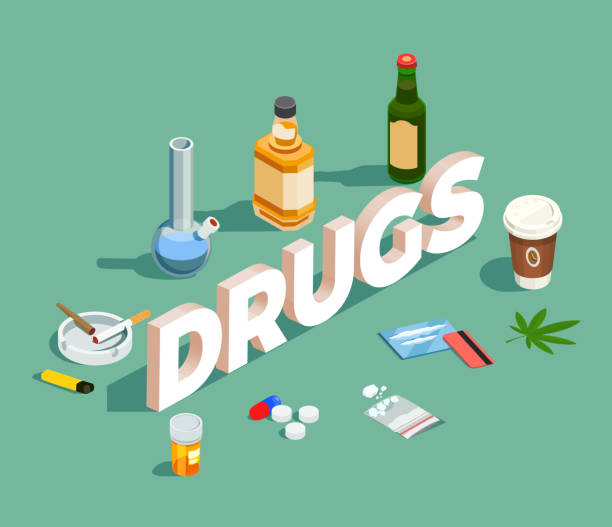 ilustraciones, imágenes clip art, dibujos animados e iconos de stock de adicciones malos hábitos drogas composición isométrica - narcotic medicine addiction addict