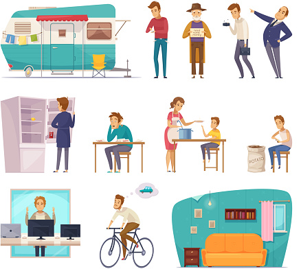 Social classes decorative icons set with rich  poor needy pauper people in home interior and outdoor isolated vector illustration