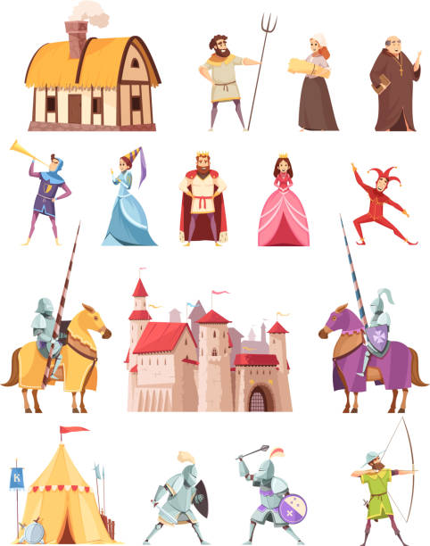 medieval set Medieval characters historical buildings cartoon icons set with castle ridders tent peasant king knight princess isolated vector illustration bishop clergy stock illustrations